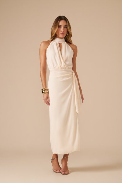 Vestido midi com gola de laço, decote transpassado e saia fluida.