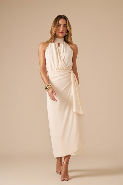 Vestido midi com gola de laço, decote transpassado e saia fluida.